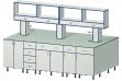 Laboratorní stůl oboustranný 3000 mm s mediovým panelem, bez dřezu